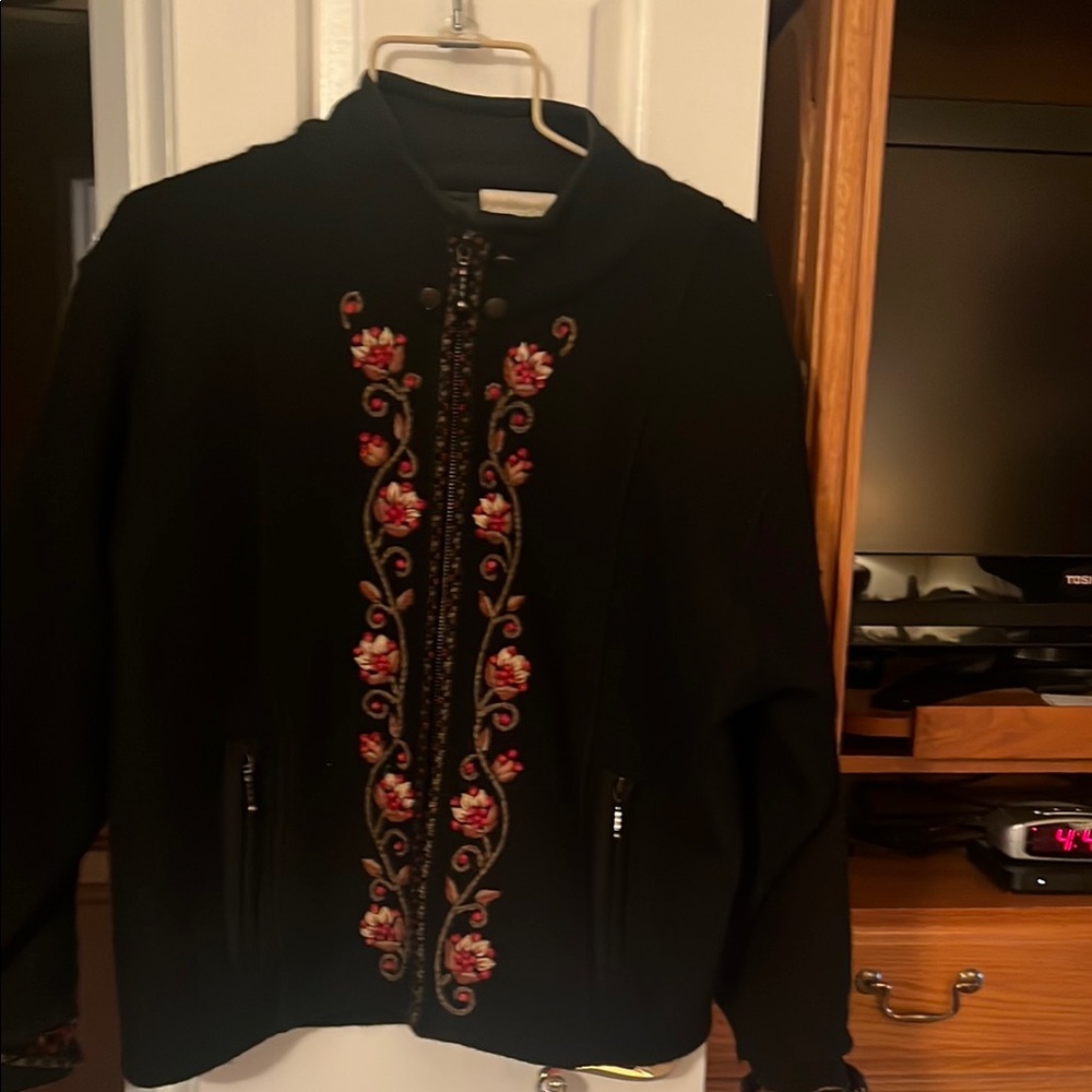 Coldwater Creek Black Bomber Jacket with Floral Embroidery